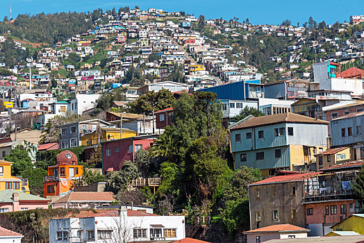 风景,上方,彩色,房子,瓦尔帕莱索,智利