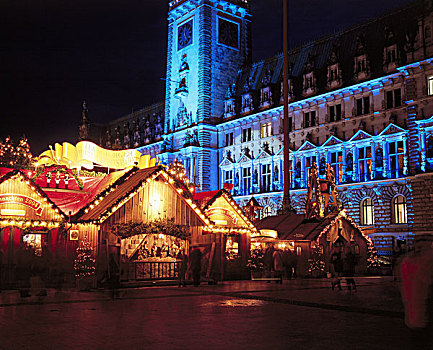 德国,汉堡市,市政厅,圣诞市场,光亮,晚间,北德,汉萨同盟城市,地点,建筑,特写,景象,市场摊位,圣诞节,圣诞彩灯,装饰