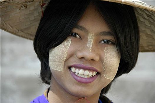 穿,脸,稻草,帽子,头部,明宫,靠近,曼德勒,缅甸,东南亚