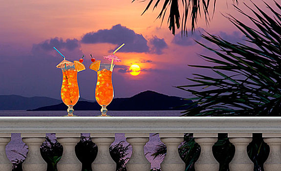 两个,热带水果,饮料,吸管,伞,露台,热带,日落,背景