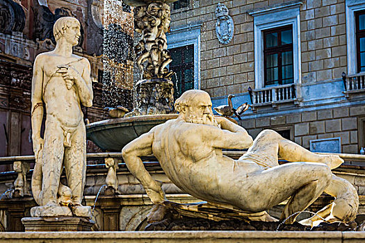 两个,雕塑,比勒陀利亚,喷泉,广场,历史,中心,巴勒莫,西西里,意大利