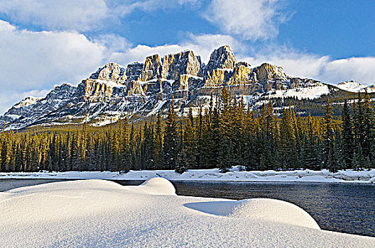 城堡山,弓河,山谷,冬天,班芙国家公园,艾伯塔省,加拿大