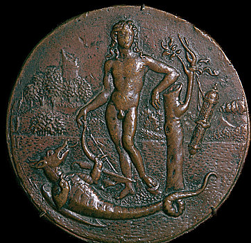 青铜,奖章,阿波罗,毒蛇,巨蟒,16世纪,艺术家,未知