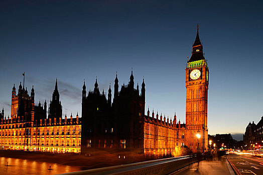 威斯敏斯特宫,议会大厦,大本钟,黄昏,伦敦,英格兰,英国,欧洲