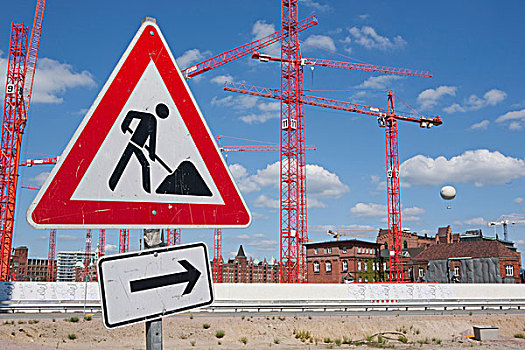 工地,警告标识,正面,建筑起重机,新,汉堡市,德国,欧洲