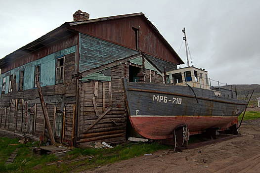 废弃,小,渔船,正面,房子,乡村,地区,半岛,摩尔曼斯克,俄罗斯,欧洲