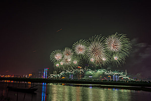 烟花,建筑群,河流,夜景,水,灯,节日