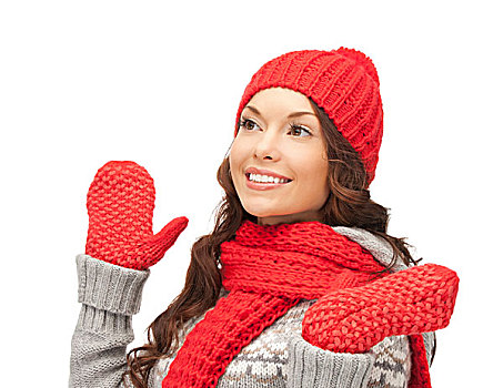 冬服,圣诞节,休假,人,概念,微笑,亚洲女性,红色,帽子,围巾,连指手套,上方,白色背景