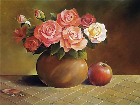玫瑰,苹果,粉色,花瓶,油画