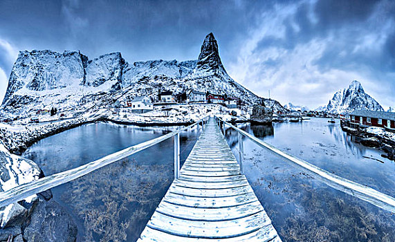 桥,上方,寒冷,海洋,特色,渔村,罗浮敦群岛,挪威北部,欧洲