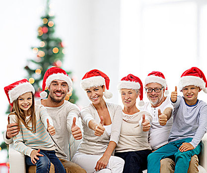 家庭,手势,休假,人,概念,幸福之家,圣诞老人,帽子,展示,竖大拇指,上方,客厅,圣诞树,背景