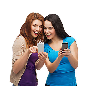 科技,友谊,人,概念,两个,微笑,青少年,指向,智能手机,显示屏