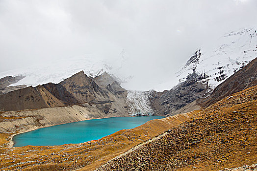 雪山下的蓝色堰塞湖