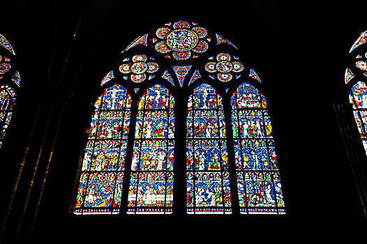 彩色玻璃窗,教堂,窗户,北方,教堂中殿,内景,斯特拉斯堡,大教堂,圣母教堂,阿尔萨斯,法国,欧洲