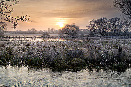 水上公园,冬天,日落,格洛斯特郡,英格兰,英国