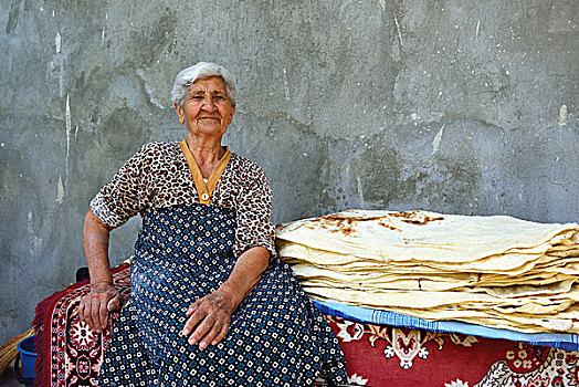 女人,岁月,老,烘制,特色,扁平面包,亚美尼亚,亚洲