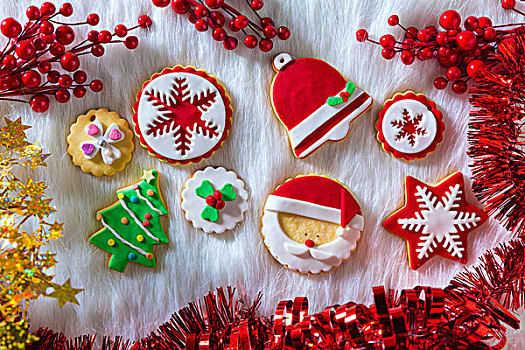 圣诞曲奇,圣诞树,圣诞老人,雪花饼,白色背景,毛皮,背景