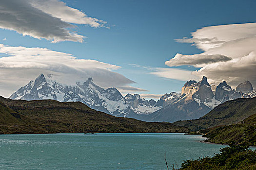 风景,湖,山,背景,托雷德裴恩国家公园,巴塔哥尼亚,智利