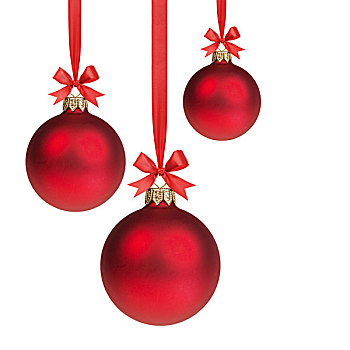 三个,红色,圣诞节,彩球,悬挂,丝带,蝴蝶结,隔绝,白色背景