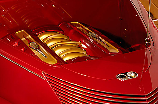 红色,经典,风情,汽车,打开,引擎盖,暴露,金色,引擎