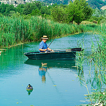 老人,钓鱼,划艇,供给,运河,普罗旺斯,法国