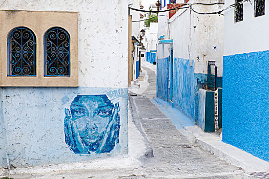 摩洛哥,拉巴特,销售,小,狭窄,街道,附近,著名,鲜明,蓝色,墙,老城,使用,只有