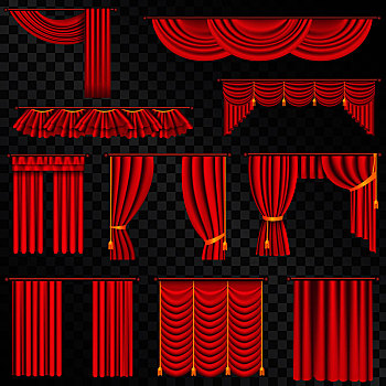 红色,帘,剧院,舞台,收集,黑色背景,透明,背景,矢量,海报,经典,上面,侧面,装饰,窗户