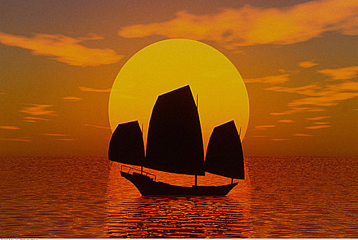剪影,中国帆船,日落
