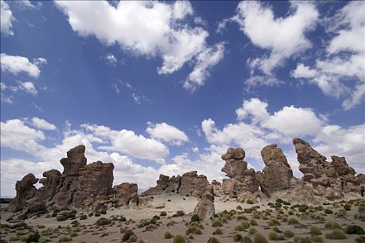 大,石头,蓝色,白色,天空,乌尤尼,高地,玻利维亚
