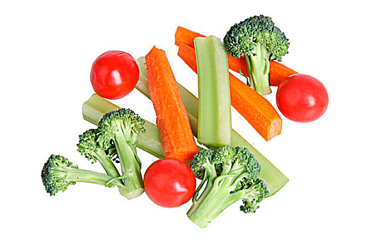 花椰菜,西红柿,芹菜,胡萝卜,棍,切削,室外,白色,背景