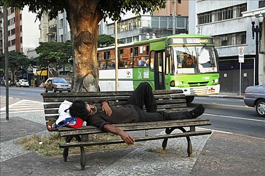 无家可归,男人,睡觉,长椅,中心,圣保罗,巴西