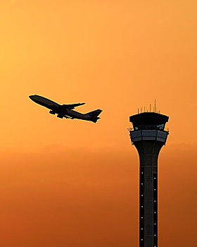 塔台,飞机,起飞,日落,卢顿机场,英国,欧洲