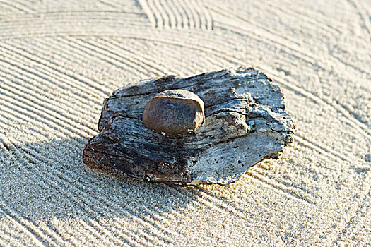 鹅卵石,浮木,沙子