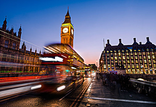 红色,双层巴士,正面,大本钟,黃昏,夜光,日落,议会大厦,威斯敏斯特桥,威斯敏斯特,伦敦,区域,英格兰,英国,欧洲