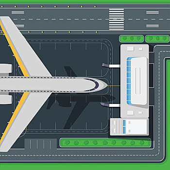 机场,俯视,概念,客机,靠近,航站楼,建筑,道路,树,飞机跑道,风格,矢量,插画,飞机,飞行,航空公司,广告,旅行,运输,设计