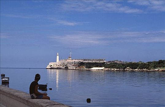 坐,女人,港口,墙壁,哈瓦那,哈瓦那老城,老哈瓦那,世界遗产,古巴