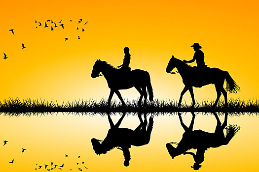 两个,骑手,马,站立,一起,日落