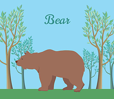 有趣,棕熊,插画,背景,树林,走,草地,动物,可爱,矢量,野生动物