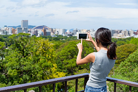 女人,照相,手机,福冈,城市