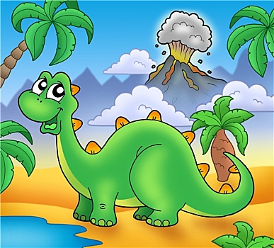 可爱,绿色,恐龙,火山