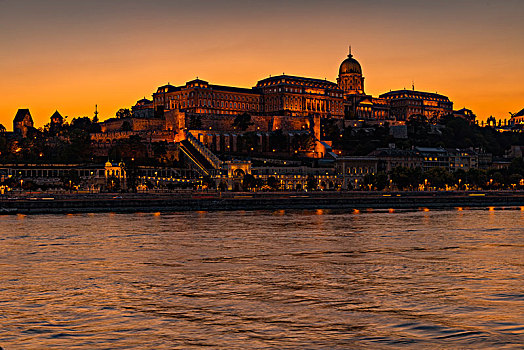 多瑙河,城堡,山,傍晚,布达佩斯,匈牙利,欧洲