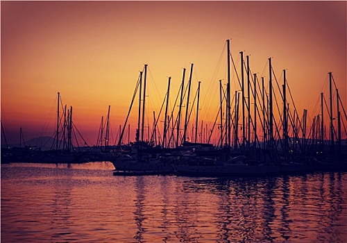 帆船,港口,日落