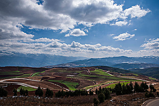 云南东川红土地雪原中的,乐谱凹,梯田