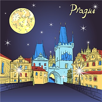 查理大桥,布拉格,捷克共和国,夜晚,灯光