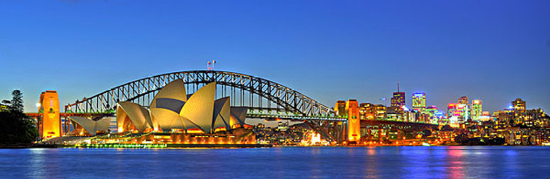 全景,悉尼,歌剧院,房子,悉尼港大桥,夜晚,新南威尔士,澳大利亚