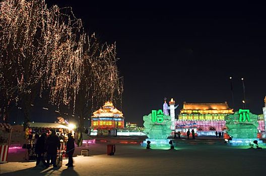中国,东北,黑龙江,哈尔滨,冰,元宵节,彩色,雕塑,光亮,夜晚