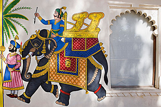 绘画,墙壁,宫殿,城市宫殿,乌代浦尔,拉贾斯坦邦,印度