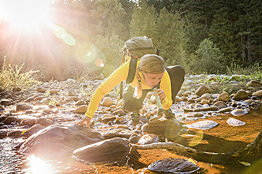 女性,远足,喝,河,水,秋天,省立公园,温哥华岛,不列颠哥伦比亚省,加拿大