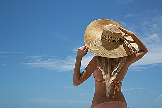 女人,穿,太阳帽,比基尼