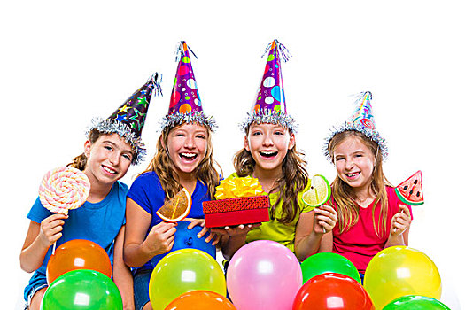 高兴,儿童,女孩,生日派对,气球,甜,糖果,礼盒,白色背景,背景